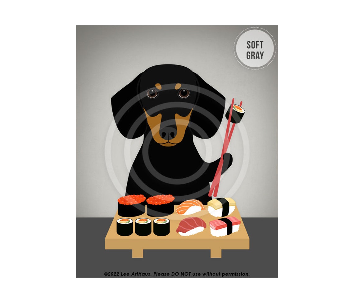 486dp Black And Tan Dachshund Dog Eating Sushi Wall Art Dachshund Gifts Sushi Gifts Funny Dog Art Dachshund Puppy Sushi Signs - Image 3