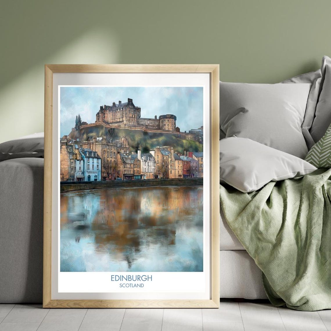 Edinburgh Scotland Castle Reflection Waterfront Travel Poster