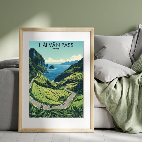 Hai Van Pass Vietnam Travel Poster Rice Terrace Ocean Motorbike Landscape Art Illustration Print