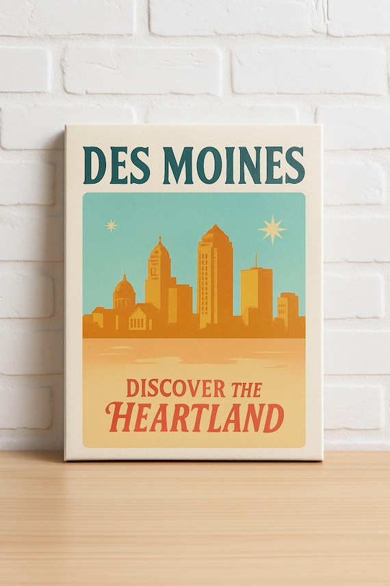 Des Moines Discover the Heartland Retro Skyline Artwork Poster