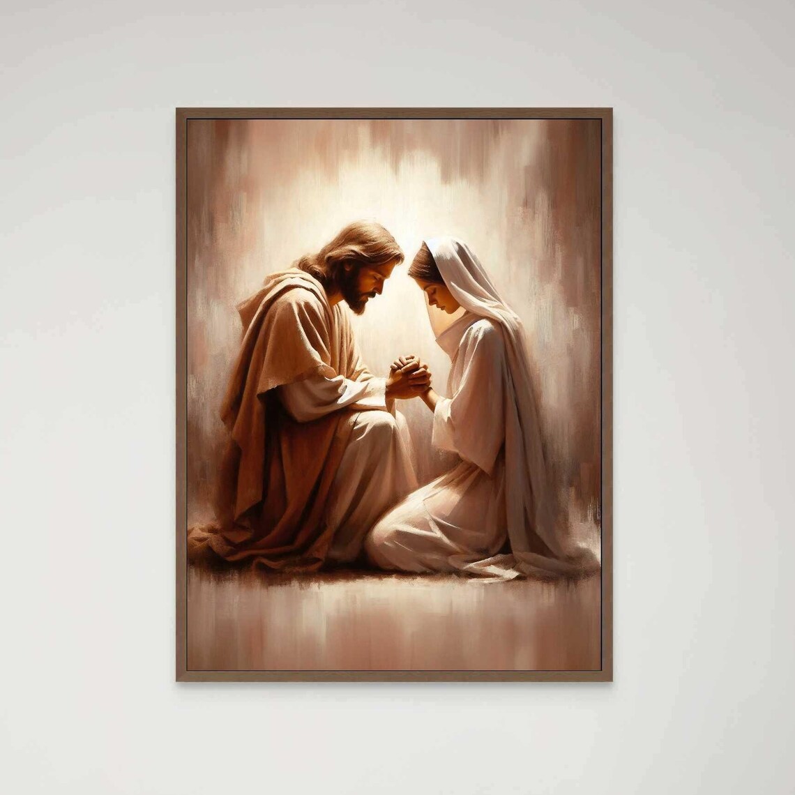 Jesus Kneeling With Woman In Prayer Golden Light Christian Art Poster