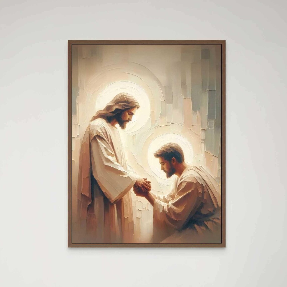 Jesus Holding Kneeling Man's Hands In Prayer With Soft Halo Glow Poster