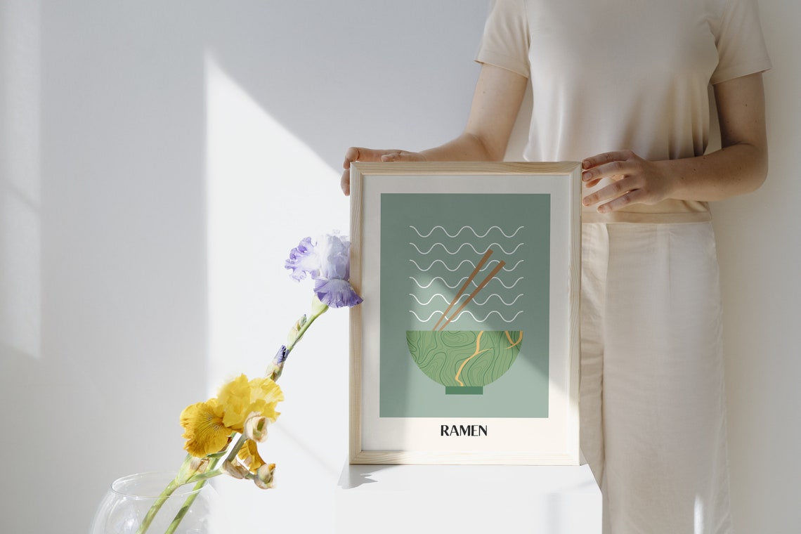Minimalist Green Ramen Bowl With Chopsticks Japanese Wall Art - Image 2