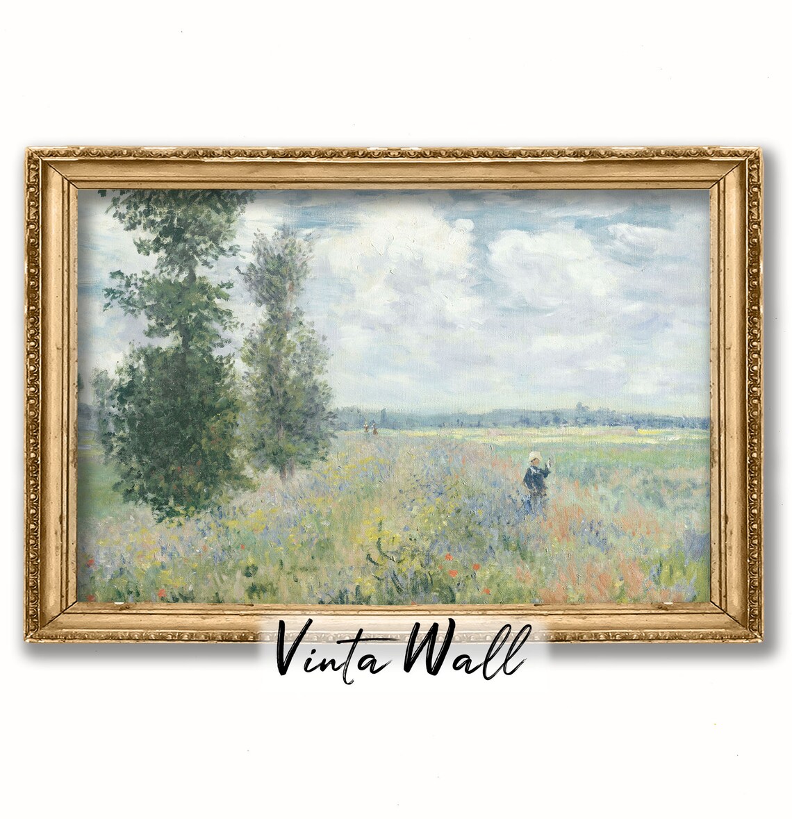 Impressionist Wildflower Meadow with Two Trees and Strolling Figure Poster - Image 3