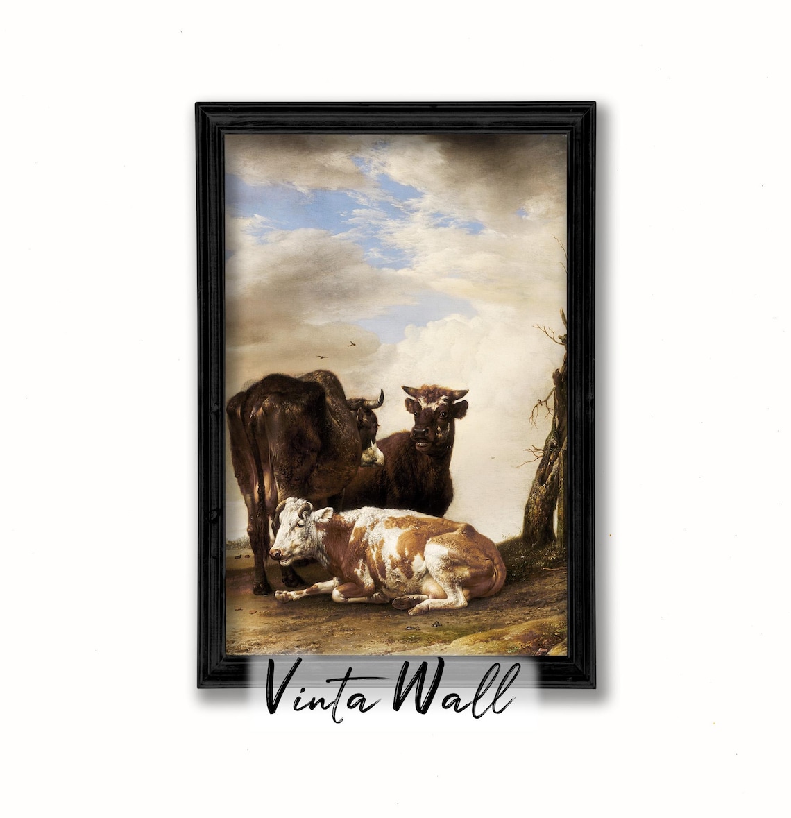 Three Cows Resting Under Cloudy Sky Vintage Farm Animal Painting Poster - Image 2