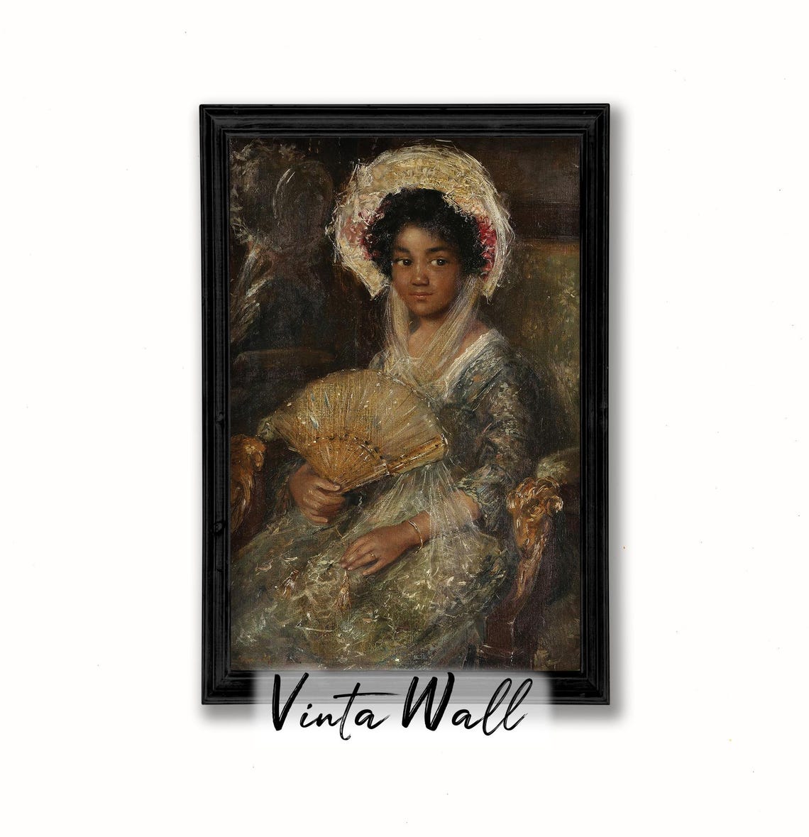 Portrait Young Lady Oil Painting Rich Noble Black Woman Farmhouse Vintage Print Fan Hat Art Country Wall Antique Muted Colours - Image 2