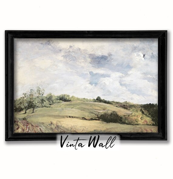 Rolling Green Pasture under Cloudy Sky Vintage Landscape Painting Poster