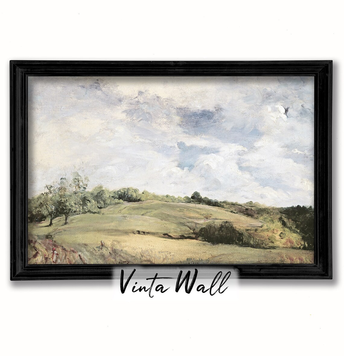 Rolling Green Pasture under Cloudy Sky Vintage Landscape Painting Poster