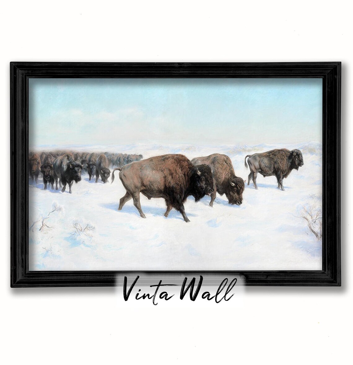 Bison Herd Snowy Prairie Vintage Wildlife Oil Painting Winter Poster - Image 2