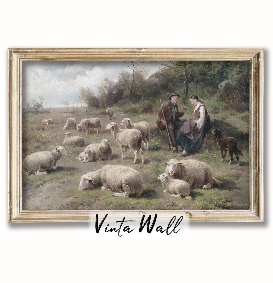 Shepherd and Maiden among Sheep Vintage Pastoral Oil Painting Poster
