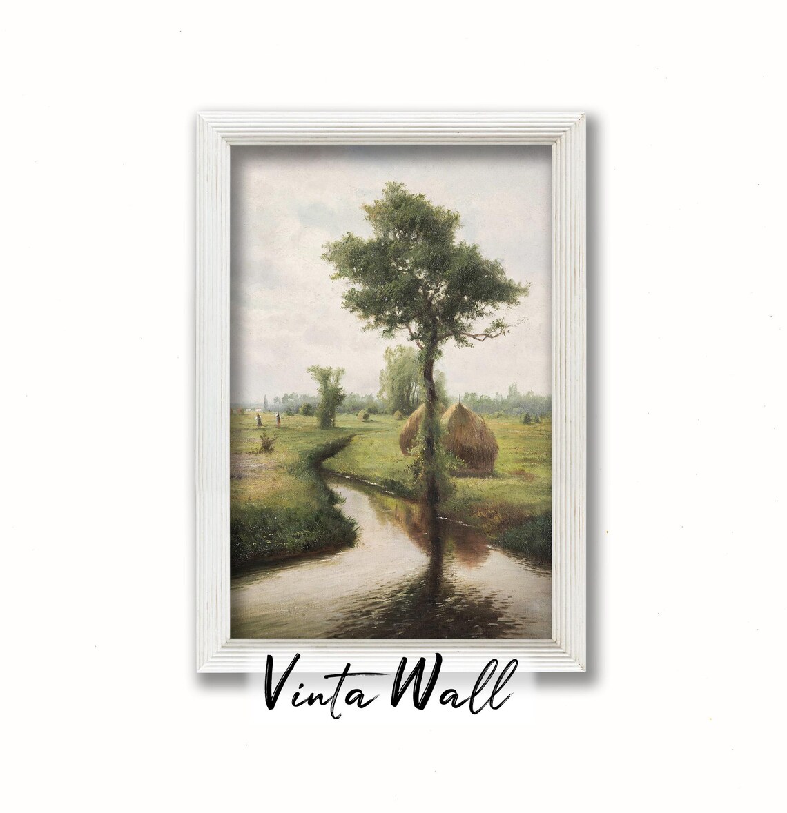 Lone Tree Reflected in Quiet Stream With Haystacks Vintage Field Poster - Image 3