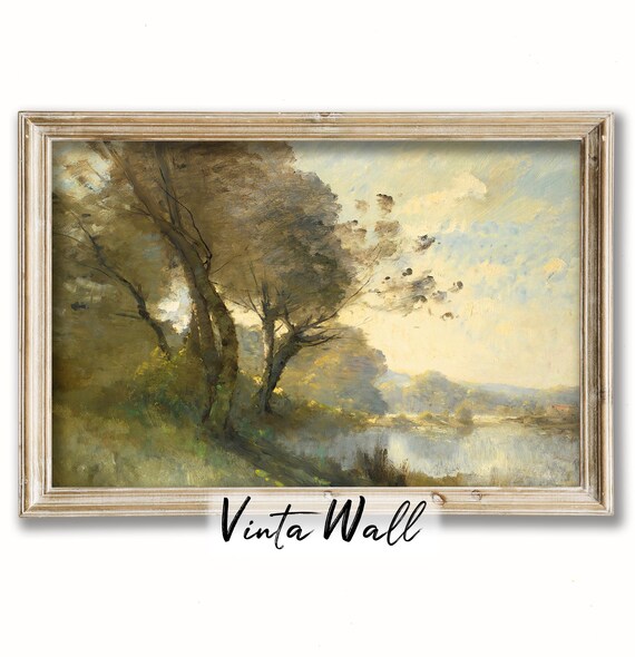 Sunlit Trees Beside Calm River Dappled Light Vintage Oil Landscape Poster