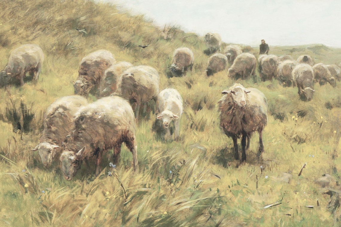Sheep Flock Golden Meadow Vintage Oil Painting Rustic Farm Poster - Image 4