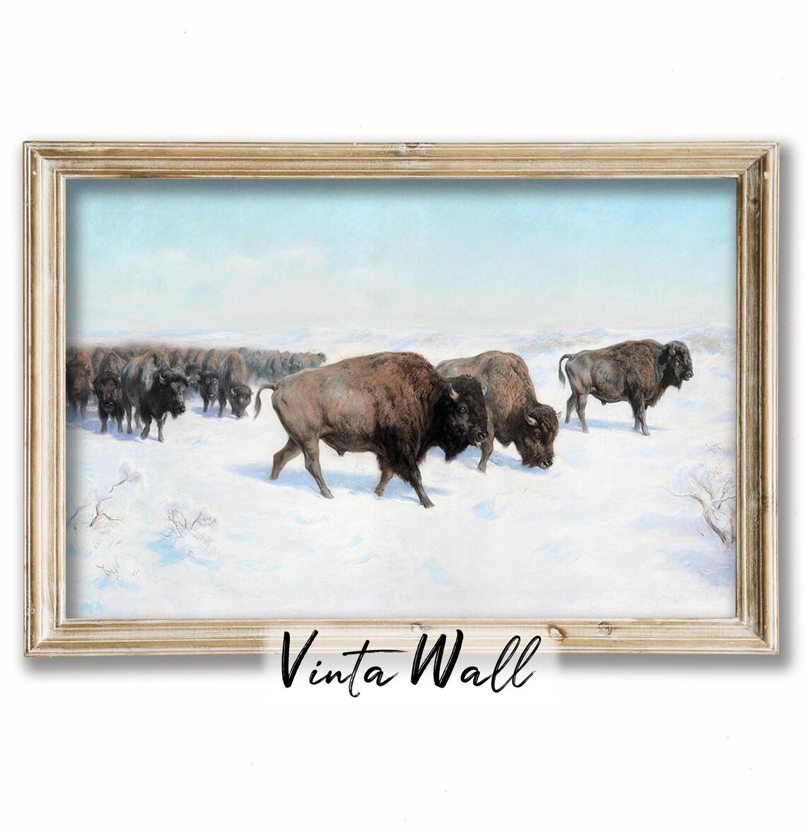 Bison Herd Snowy Prairie Vintage Wildlife Oil Painting Winter Poster