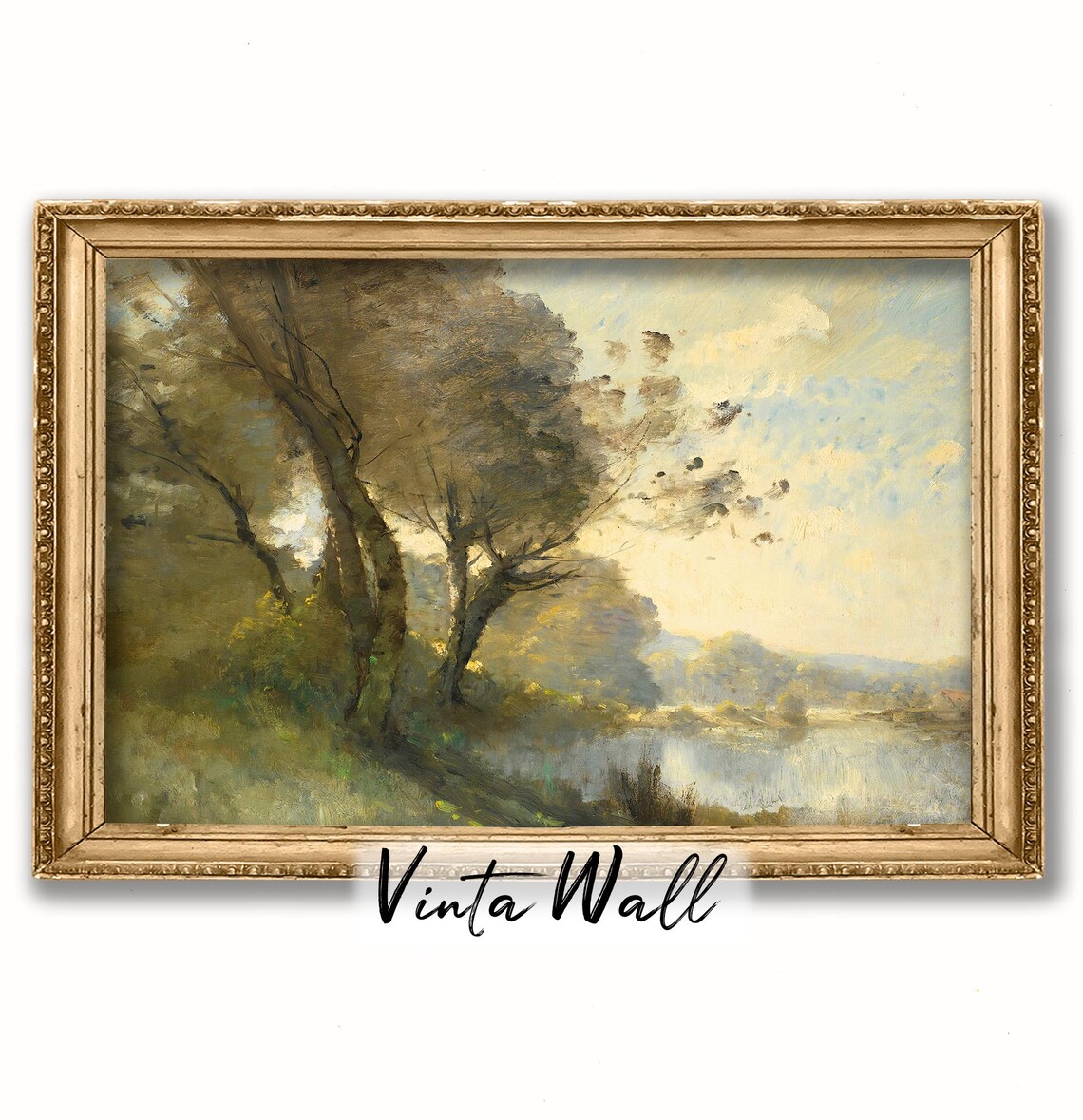 Sunlit Trees Beside Calm River Dappled Light Vintage Oil Landscape Poster - Image 3