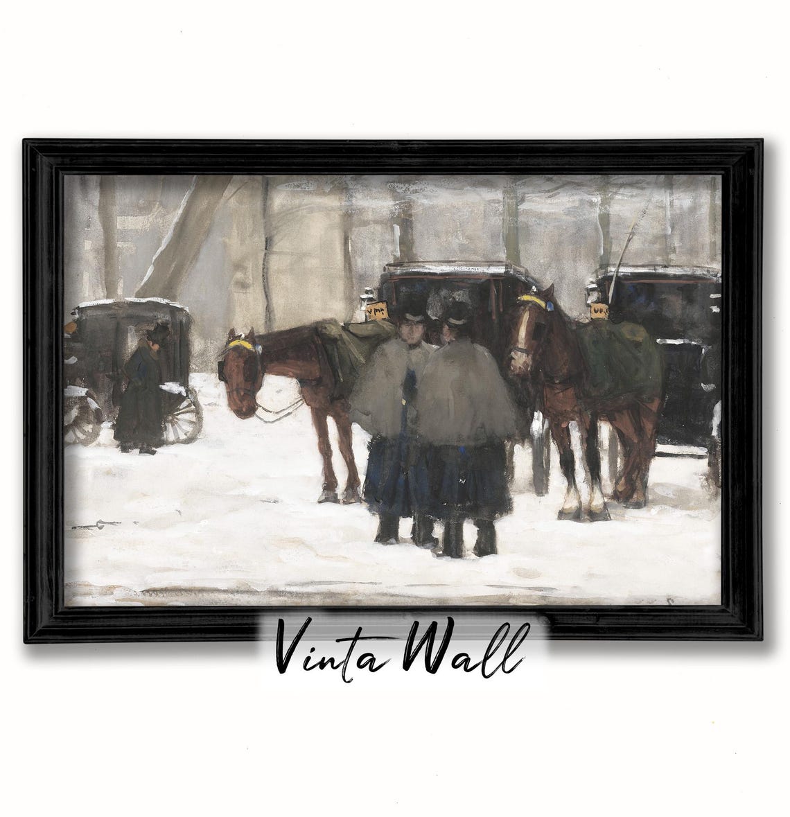 Snow Painting Winter Horse Print Lady Gentleman Square Carriage Gig Farmhouse White Art Holiday Home Wall Decor Village Christmas - Image 2