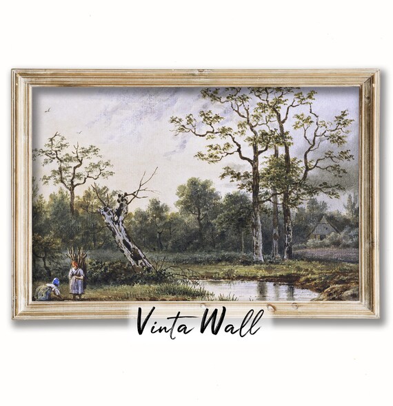 Woodland Pond with Leaning Tree Vintage Watercolor Landscape Poster
