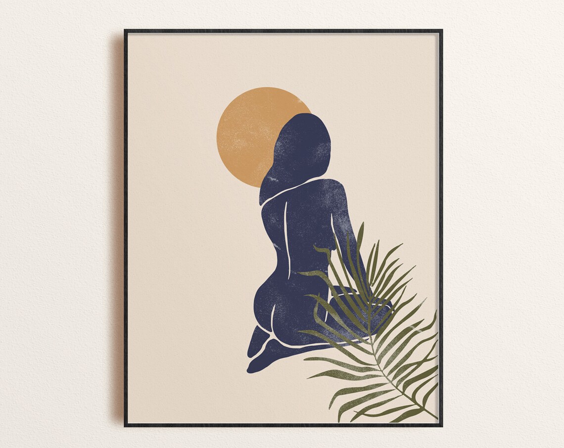 Abstract Woman with Golden Sun and Palm Leaf Mid Century Poster