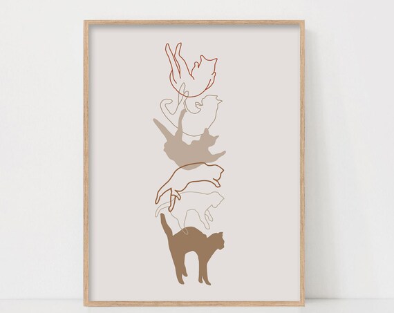 Minimalist Cat Line Art Print, Modern Boho Decor