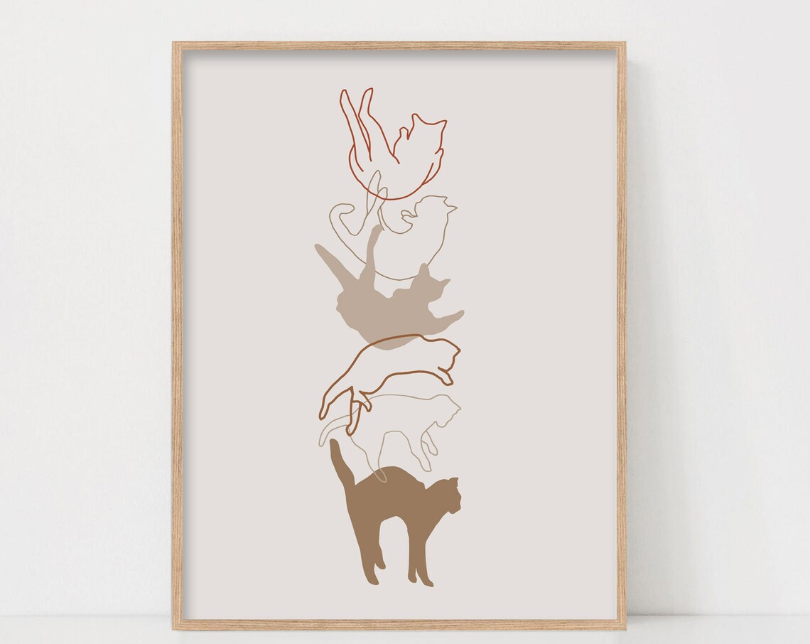 Minimalist Cat Line Art Print, Modern Boho Decor