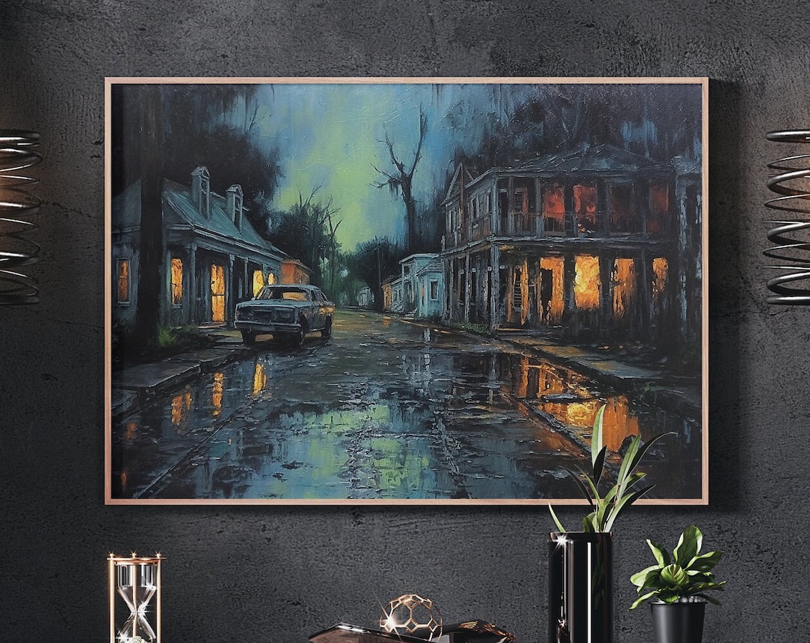 Louisiana Rainy Night Street Old Car Glowing Windows Oil Painting Poster