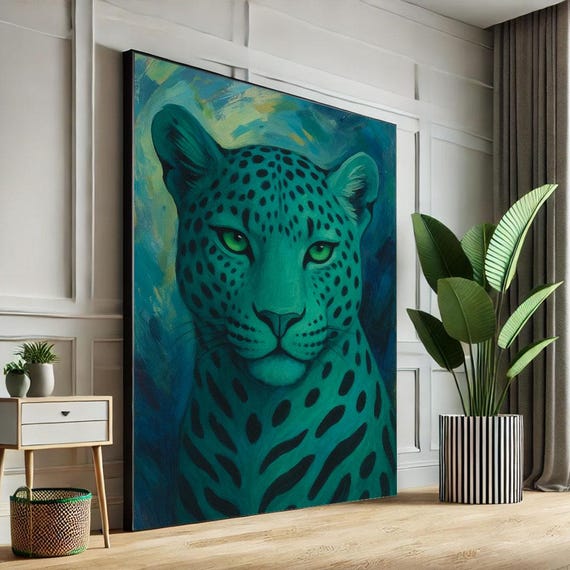 Elegant Teal Leopard Canvas Wall Art Print Abstract Living Room Decor Statement Piece For Modern Lovers