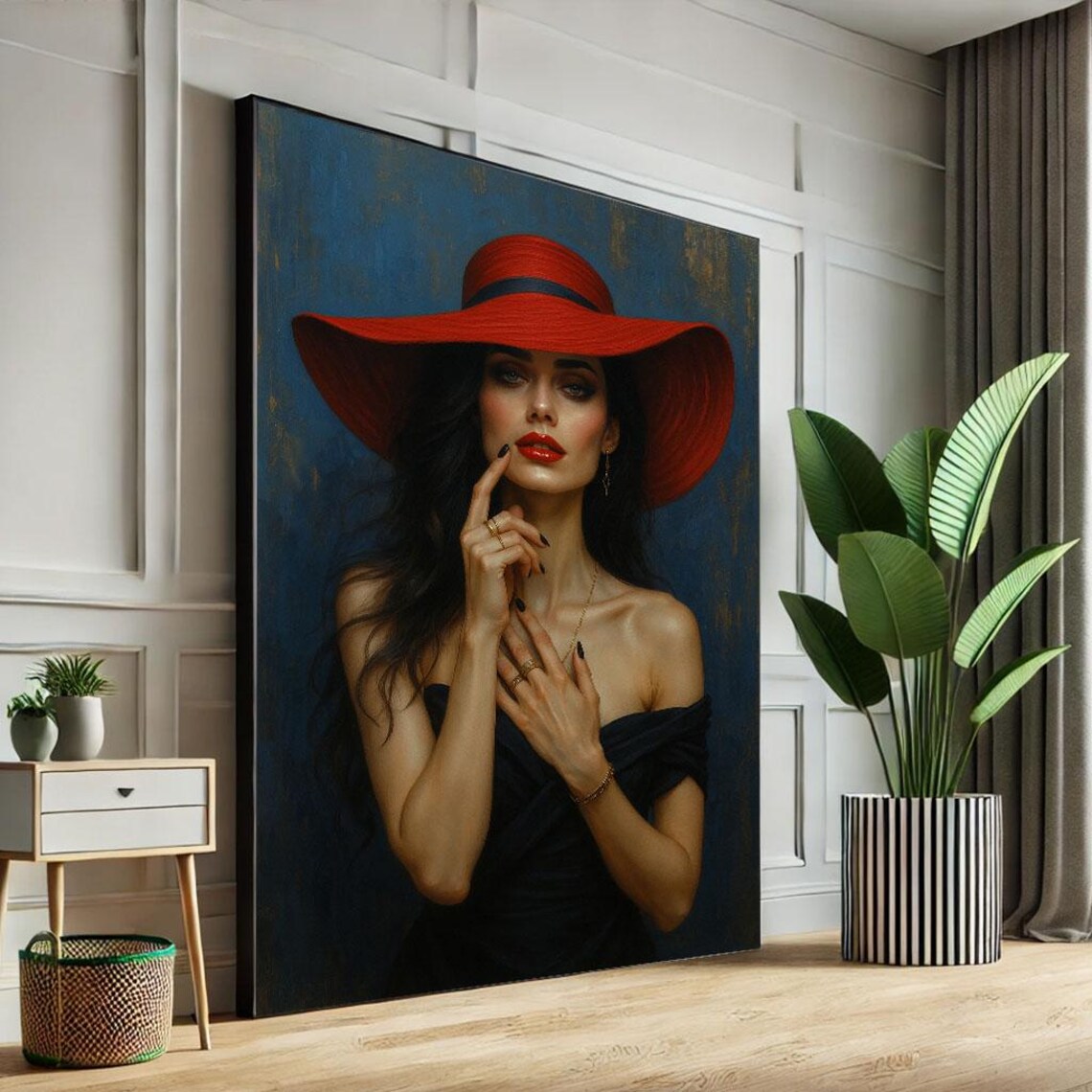 Elegant Fashion Woman Red Hat Black Dress Blue Glam Art Poster