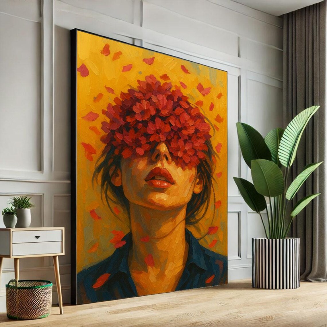 Woman With Red Blossoms Covering Eyes Golden Yellow Art Poster