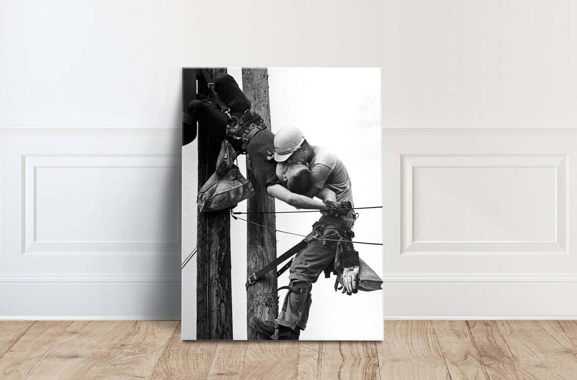 The Kiss of Life Iconic 1968 Lineman Rescue Black White Photo Poster