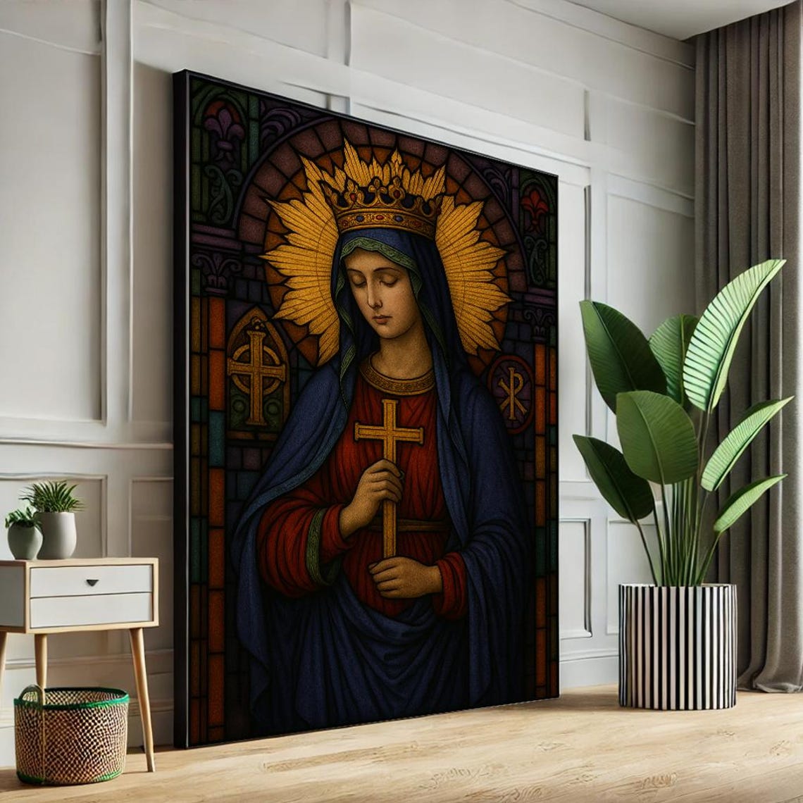Crowned Virgin Mary Stained Glass Style Religious Art Poster