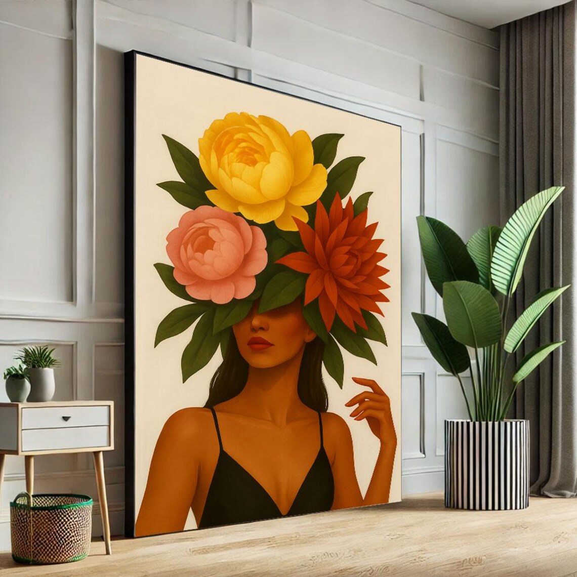 Elegant Woman With Three Blooms Over Eyes Black Dress Art Poster