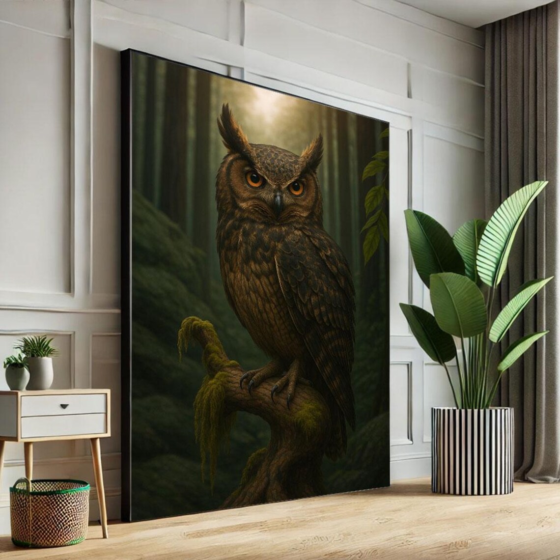 Majestic Great Horned Owl In Misty Forest Wildlife Portrait Poster