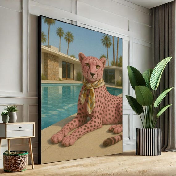 Retro Pink Cheetah By Pool Canvas Wall Art Print Midcentury Modern Living Room Decor Statement Piece