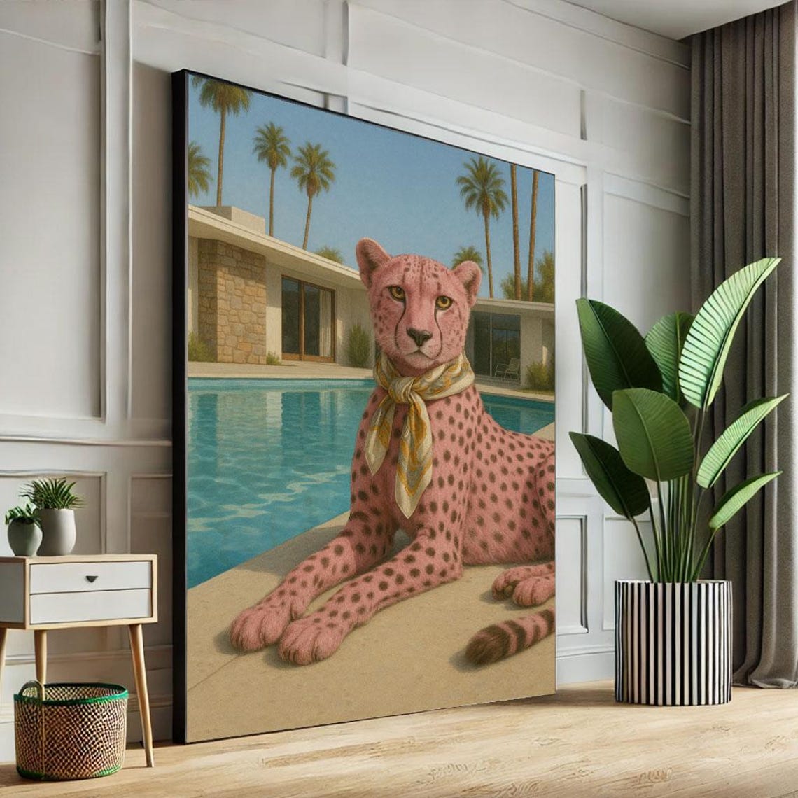 Retro Pink Cheetah By Pool Canvas Wall Art Print Midcentury Modern Living Room Decor Statement Piece
