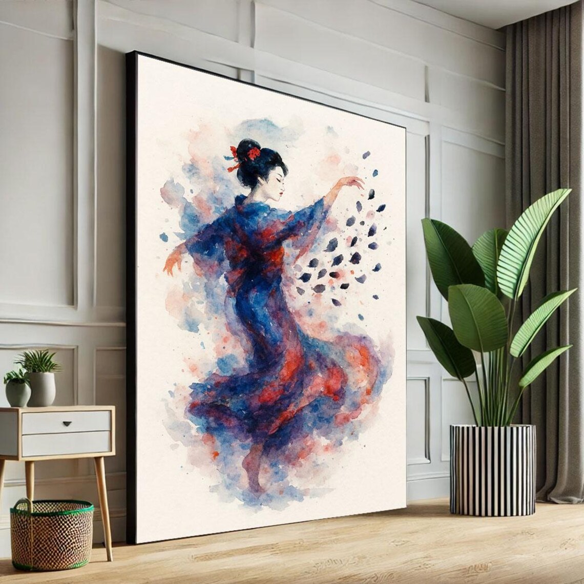 Dancing Geisha Watercolor Blue Red Kimono Petals Japanese Art Poster