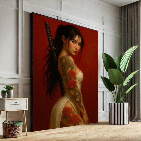 Fierce Samurai Woman Canvas Wall Art Print Bold Japanese Style Living Room Decor Statement Piece