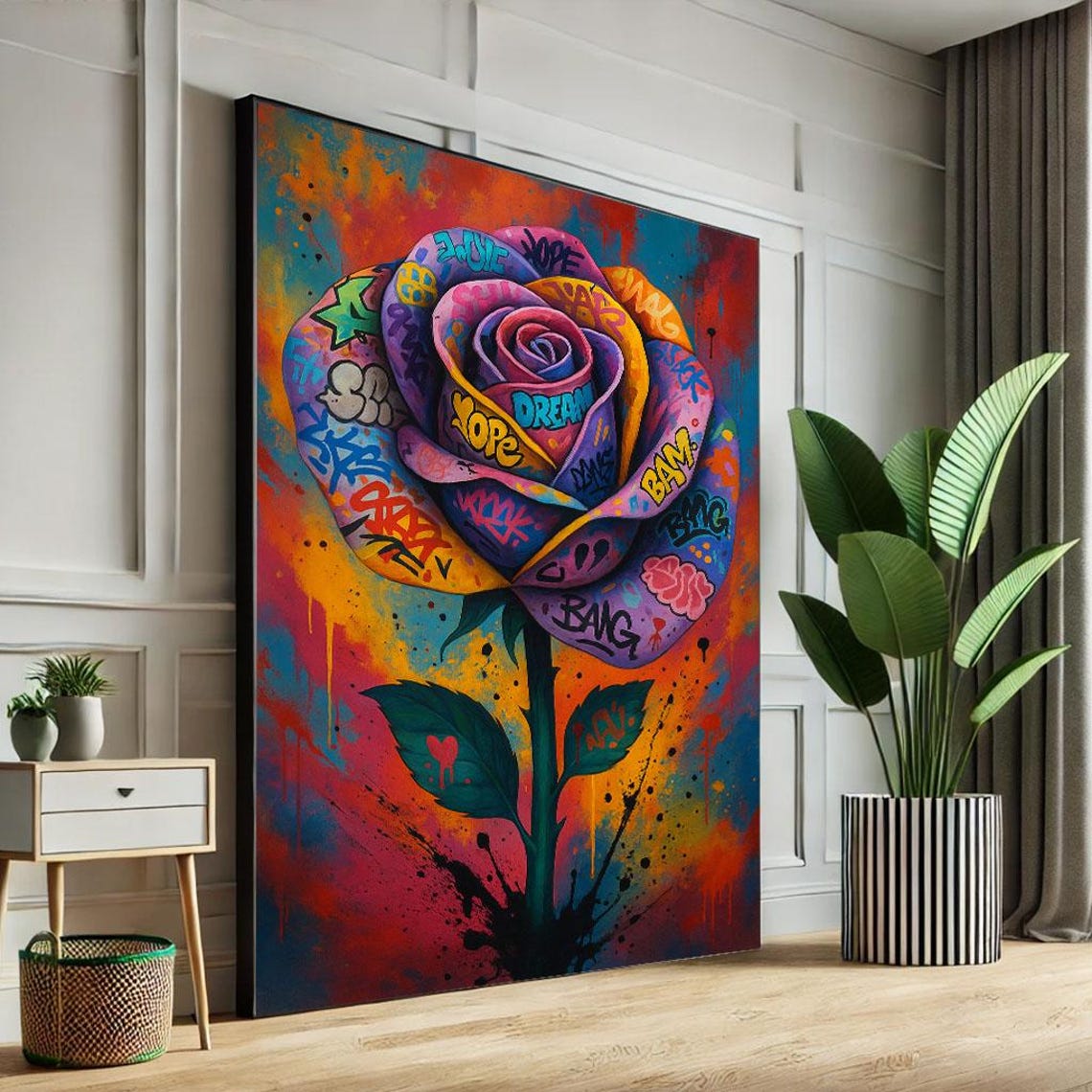 Vibrant Graffiti Rose Street Art Colorful Urban Flower Poster