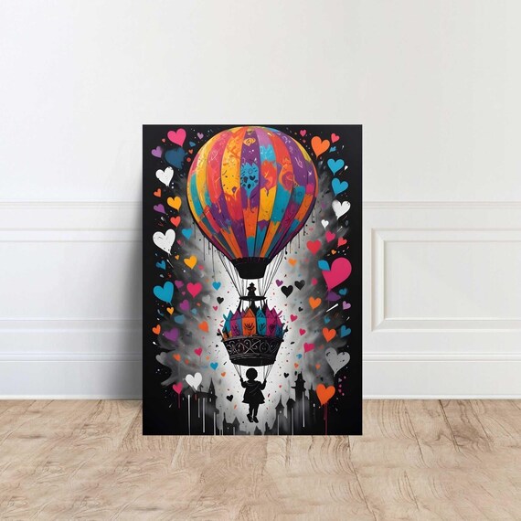 Colorful Hot Air Balloon Child Silhouette Floating Hearts Graffiti Art Poster