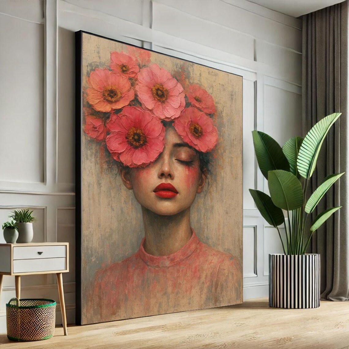 Modern Floral Woman Portrait Pink Flowers Over Eyes Art Poster