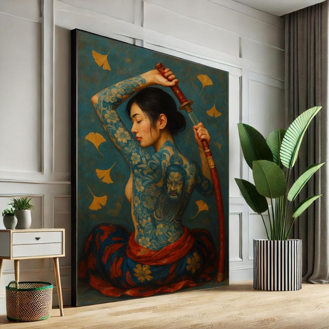 Japanese Tattooed Woman Warrior Blue Ink Katana Ginkgo Poster