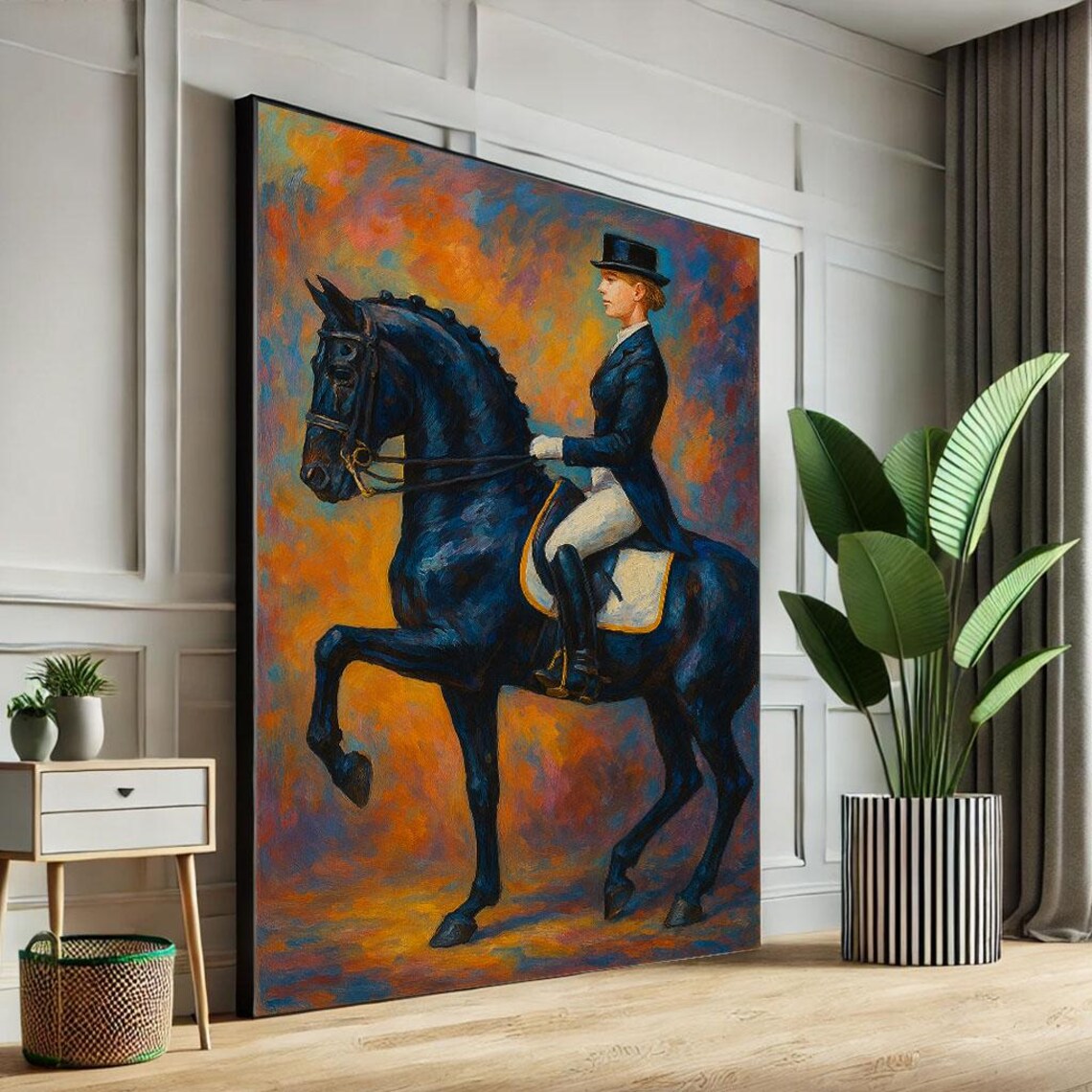 Elegant Dressage Rider on Black Horse Orange Blue Art Poster