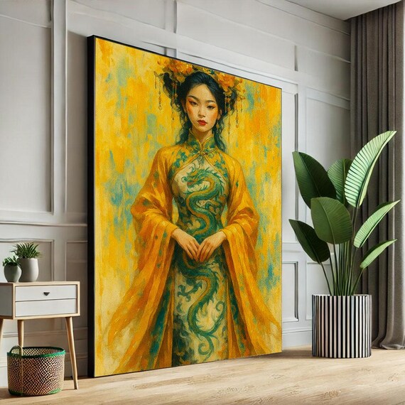 Elegant Asian Woman Golden Dragon Robe Yellow Floral Beauty Poster
