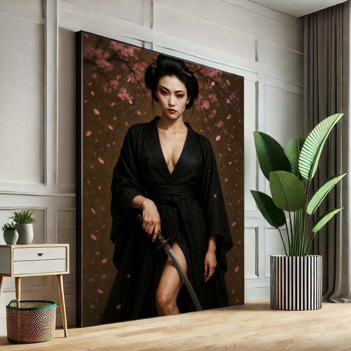 Fierce Samurai Woman In Black Kimono Cherry Blossom Warrior Poster