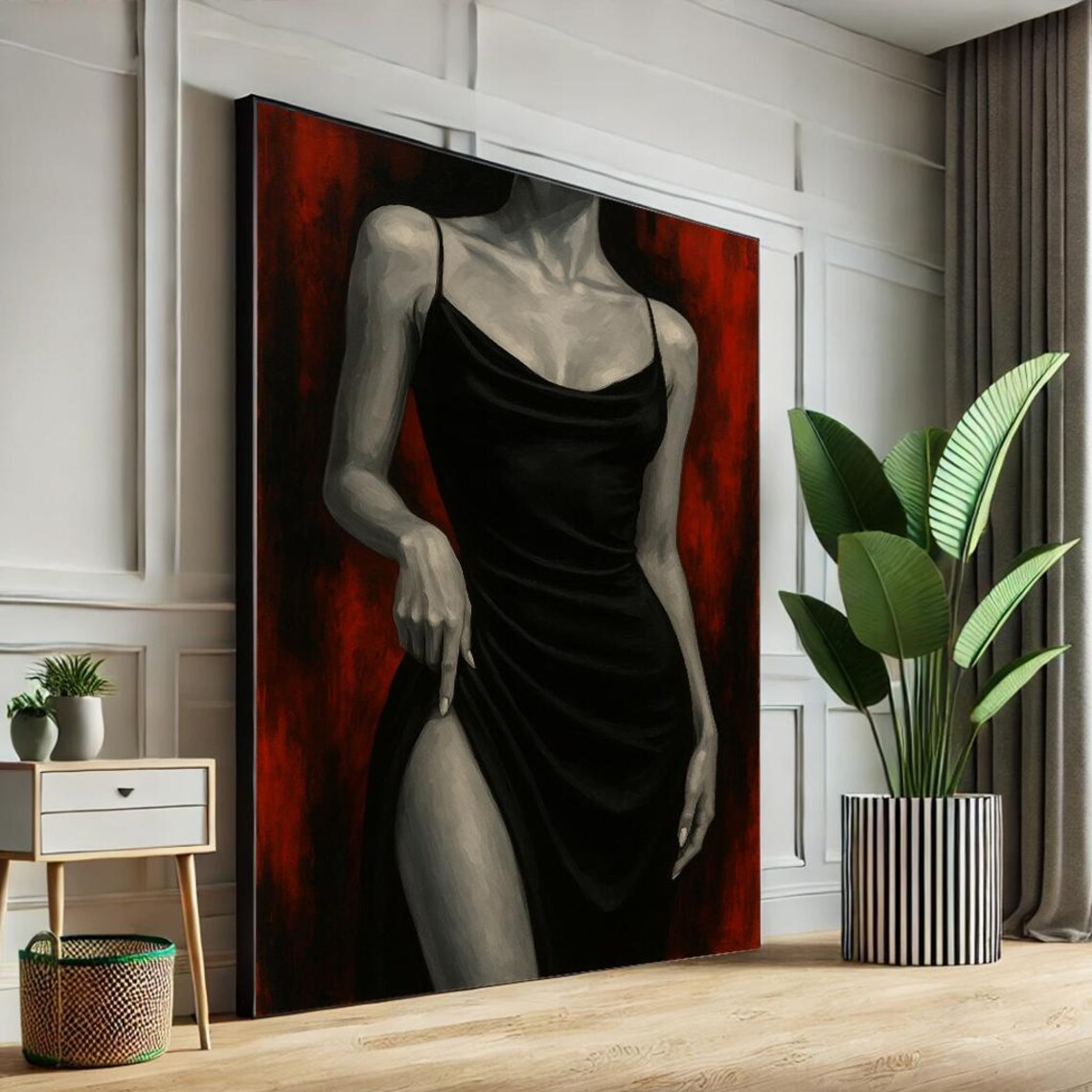 Elegant Woman in Black Slip Dress Red Background Fashion Art Poster