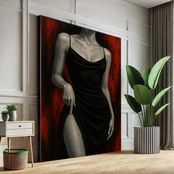 Elegant Woman In Black Dress Canvas Feminine Power Art Print Bold Red Poster Modern Wall Decor Home Gift