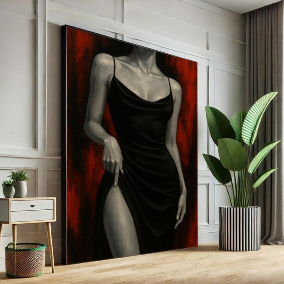 Elegant Woman in Black Slip Dress Red Background Fashion Art Poster