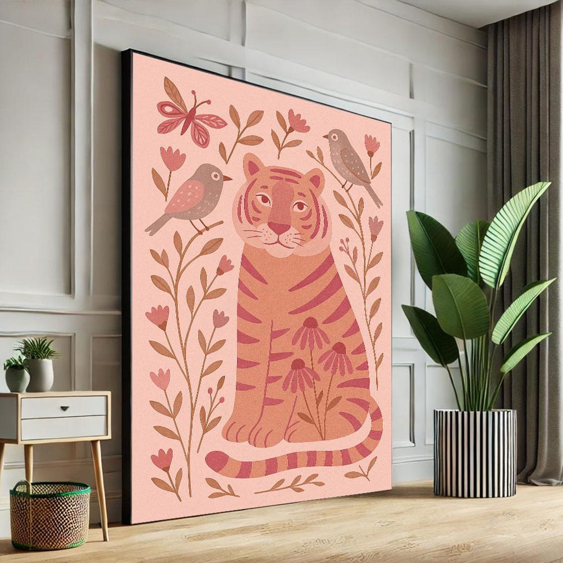 Whimsical Pink Tiger And Birds Canvas Wall Art Print Boho Nursery Decor Ready To Hang