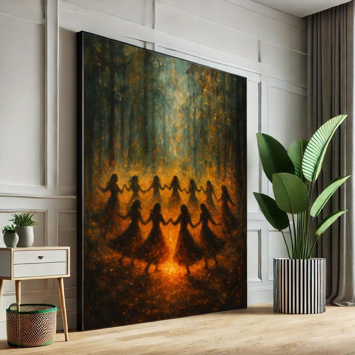 Mystical Dancing Women Forest Circle Firelight Ritual Art Poster