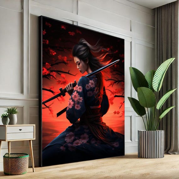 Serene Samurai Woman In Kimono Canvas Wall Art Print Red And Black Living Room Decor Statement Piece