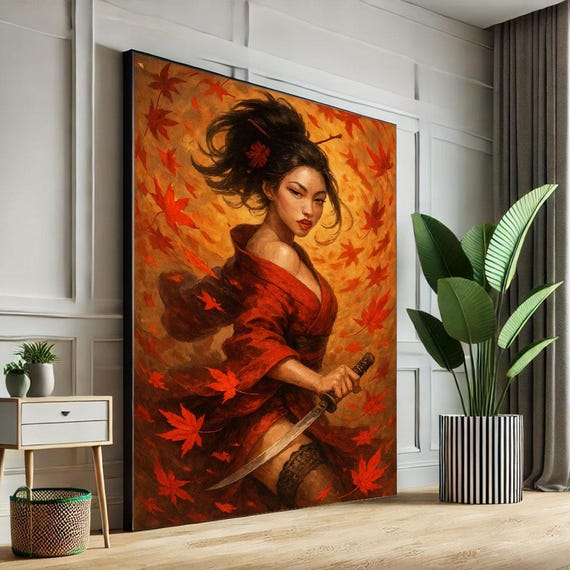 Elegant Samurai Woman Canvas Wall Art Print Vibrant Red And Orange Living Room Decor Statement Piece